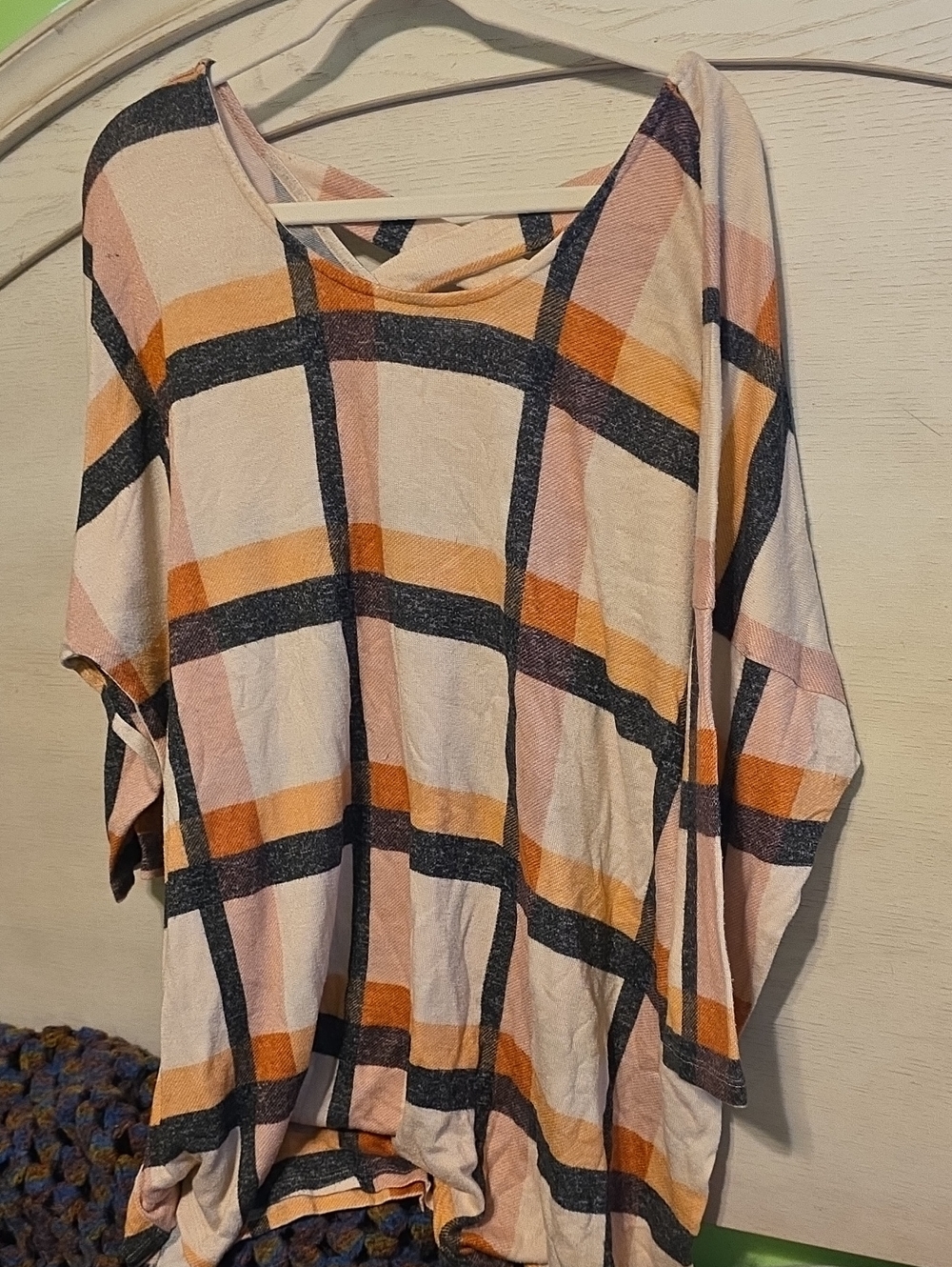 Women's Plaid Boatneck Tunic Top - Pink & Orange 3/4 Length Sleeve